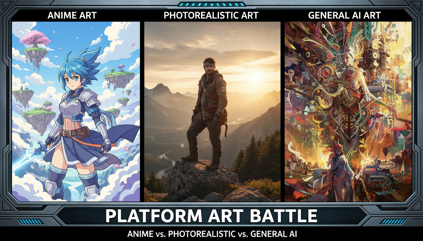 Three platforms showing different anime generation approaches