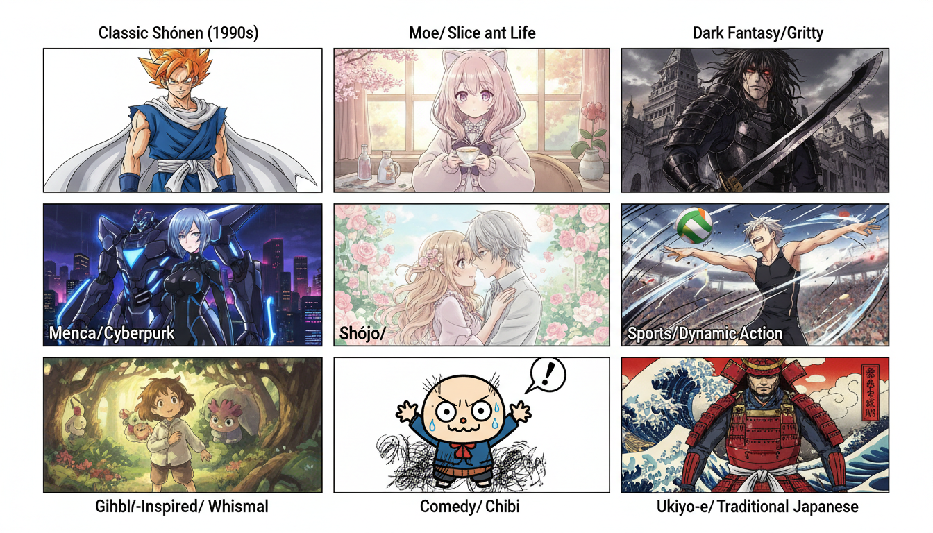 Various anime art styles and character designs