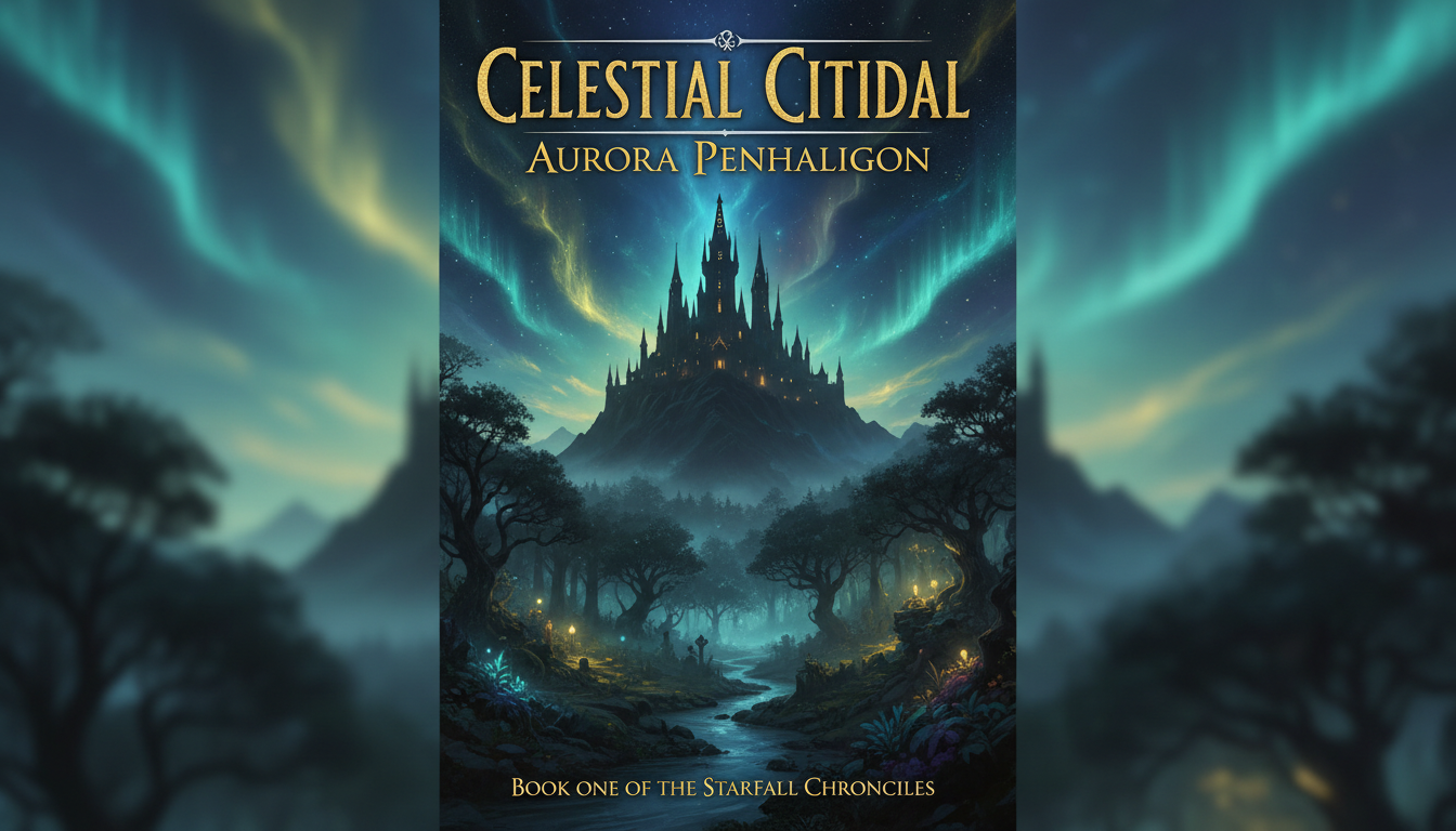 Ví dụ bìa sách tiểu thuyết với lâu đài thần kỳ và các yếu tố thần bí