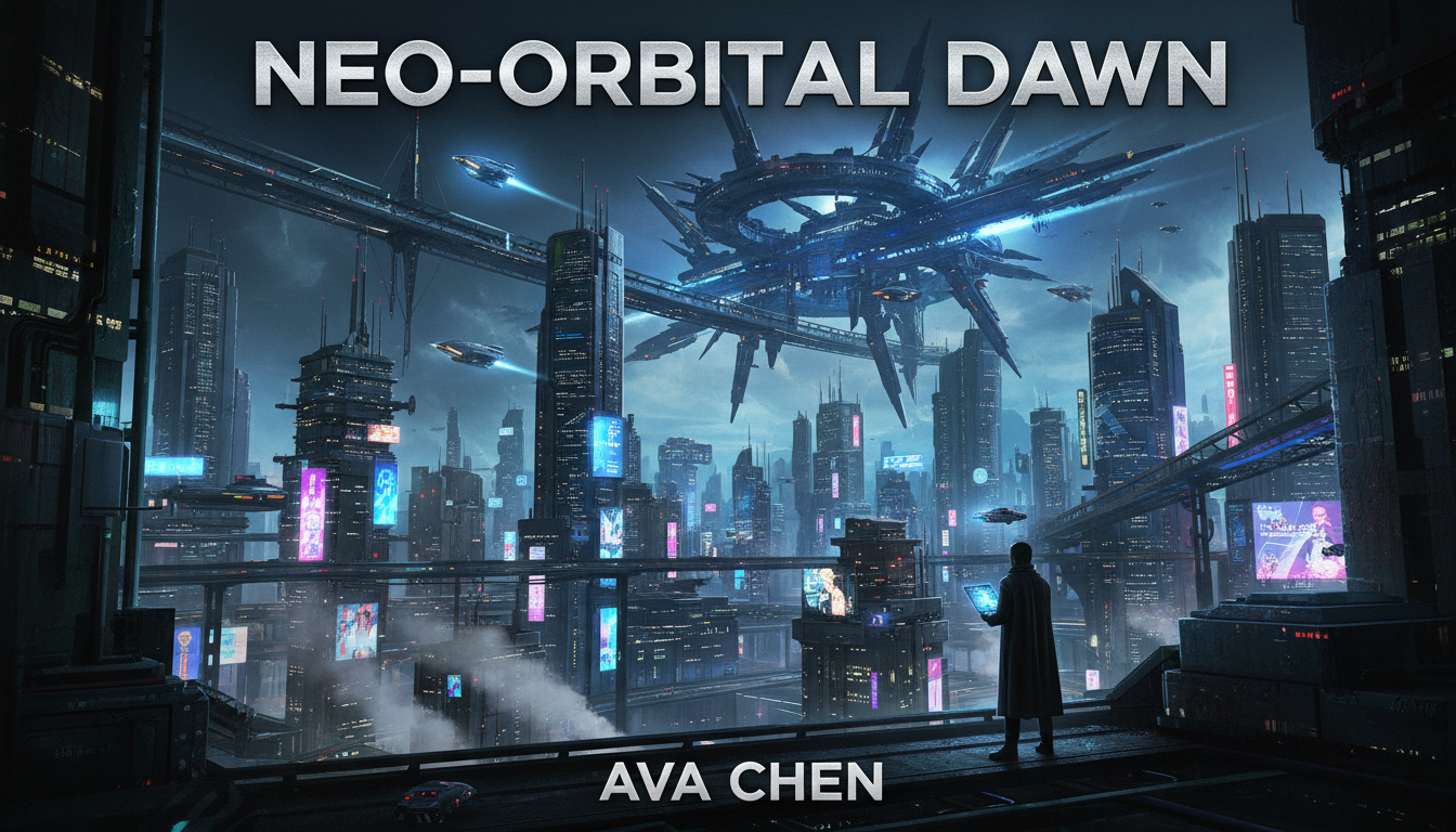 Bìa sách khoa học viễn tưởng với cảnh quang thành phố tương lai