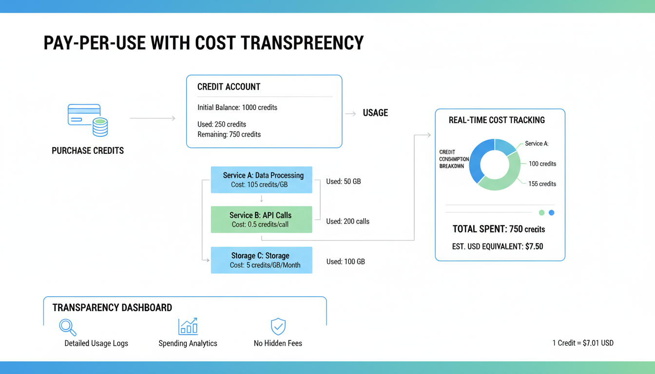 Pay-per-use pricing model with credits and cost transparency