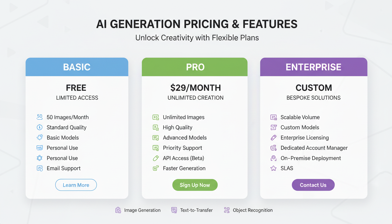AI generation pricing tiers and feature comparison