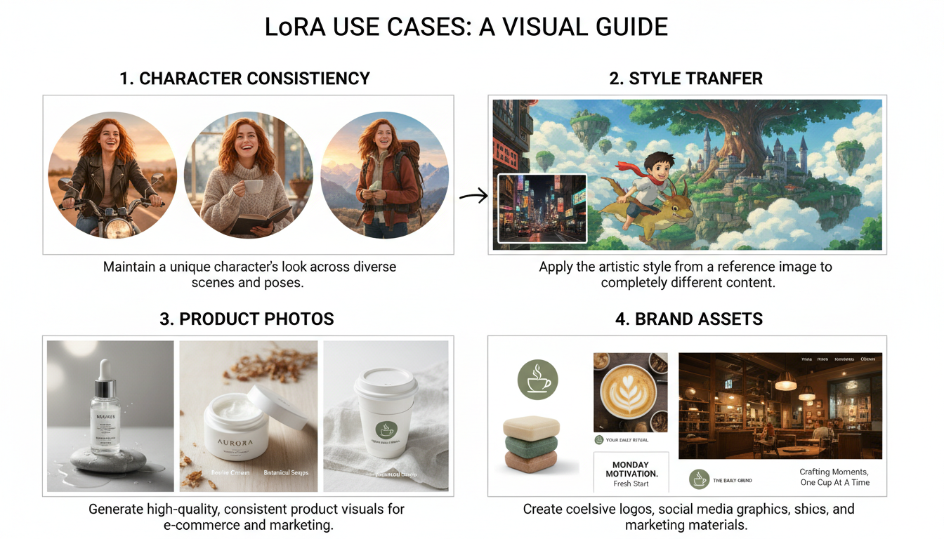 Different LoRA use cases showing characters, styles, and products