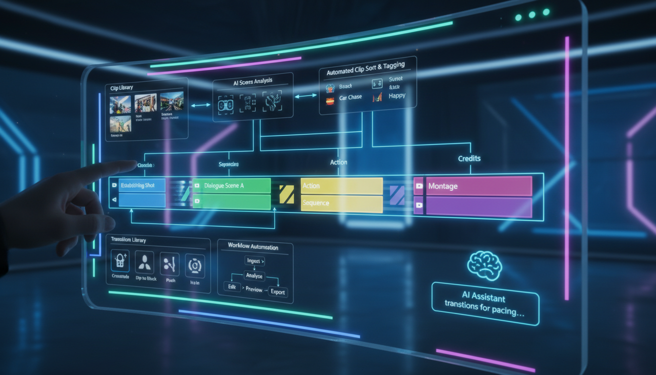 AI video multi-clip editing timeline with transitions