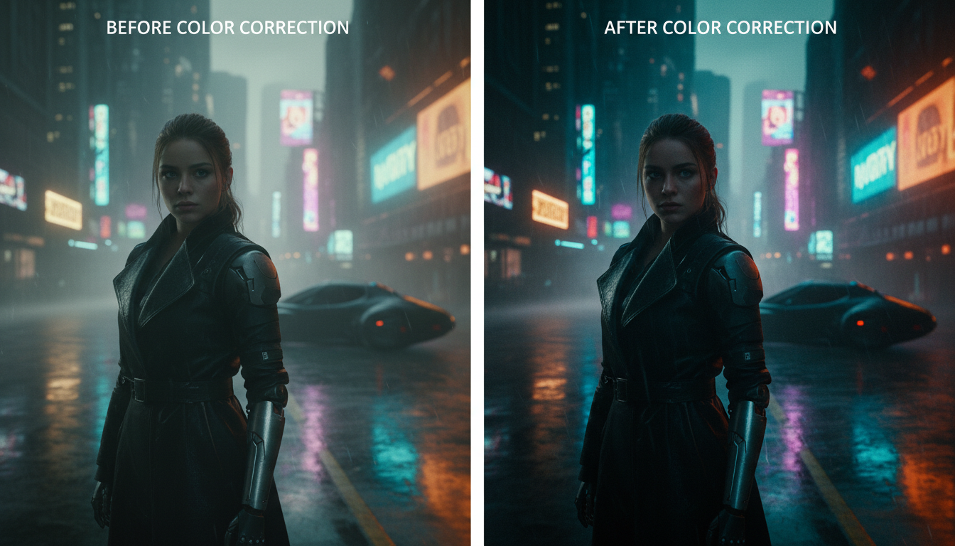 Before and after color correction for AI video
