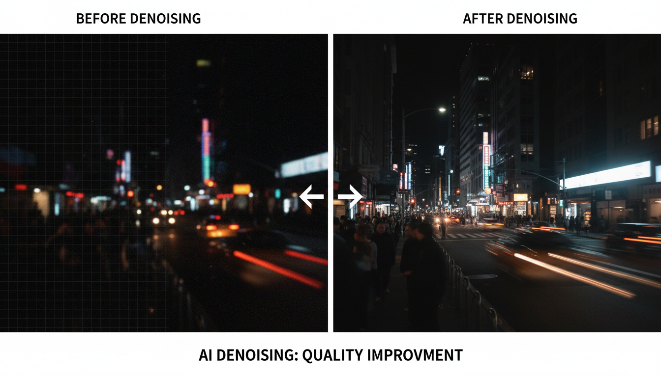 AI video denoising before and after comparison