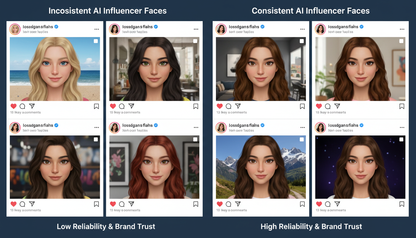 Comparison of consistent vs inconsistent AI influencer faces