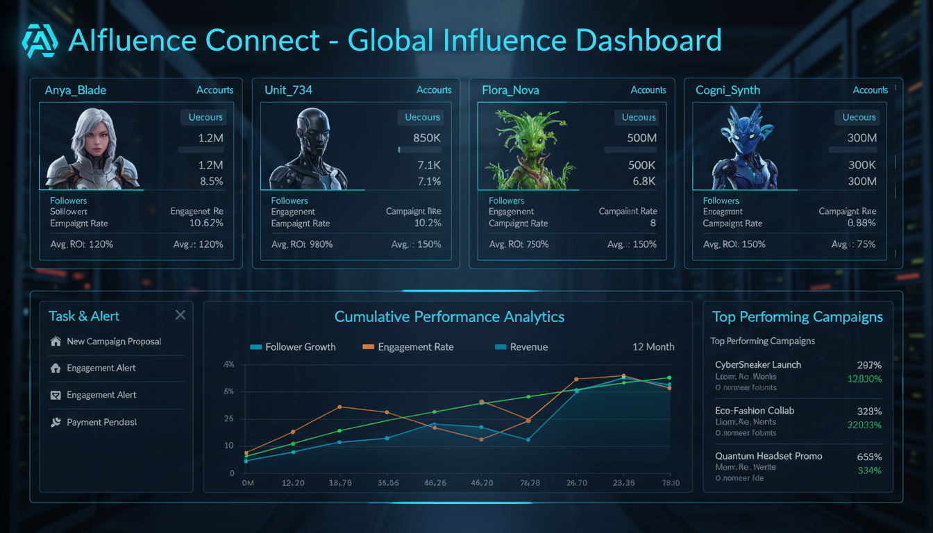 AI influencer management dashboard showing multiple account analytics