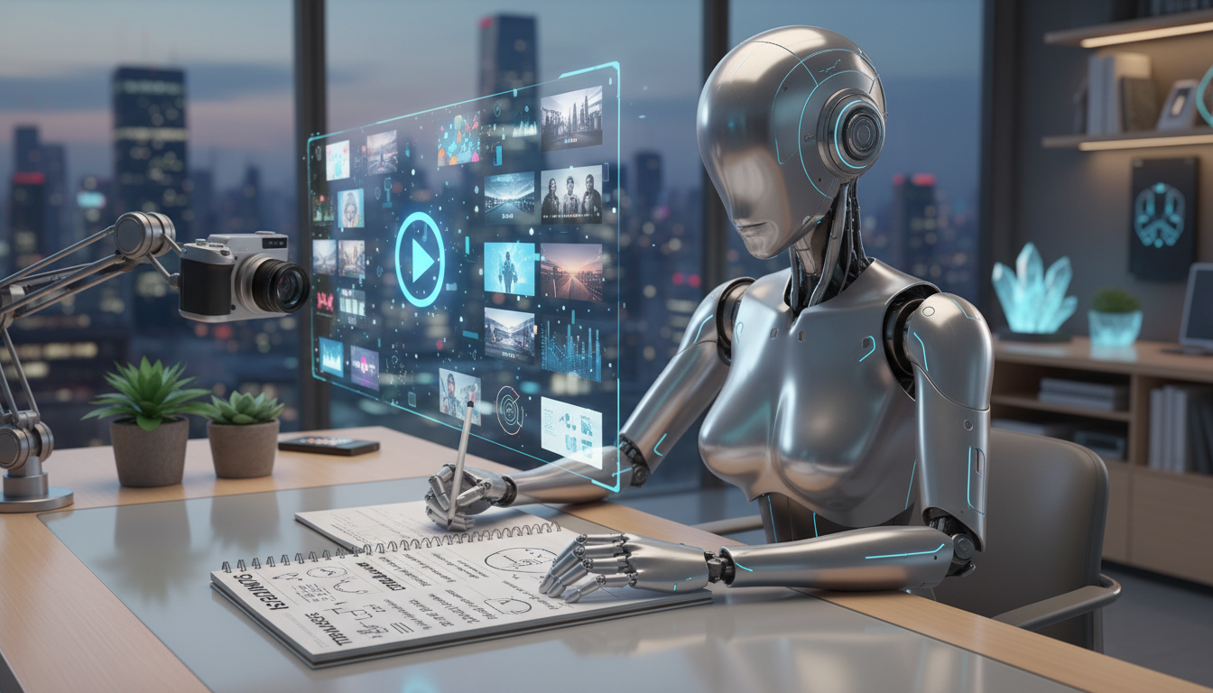 AI influencer at desk planning content creation and caption writing