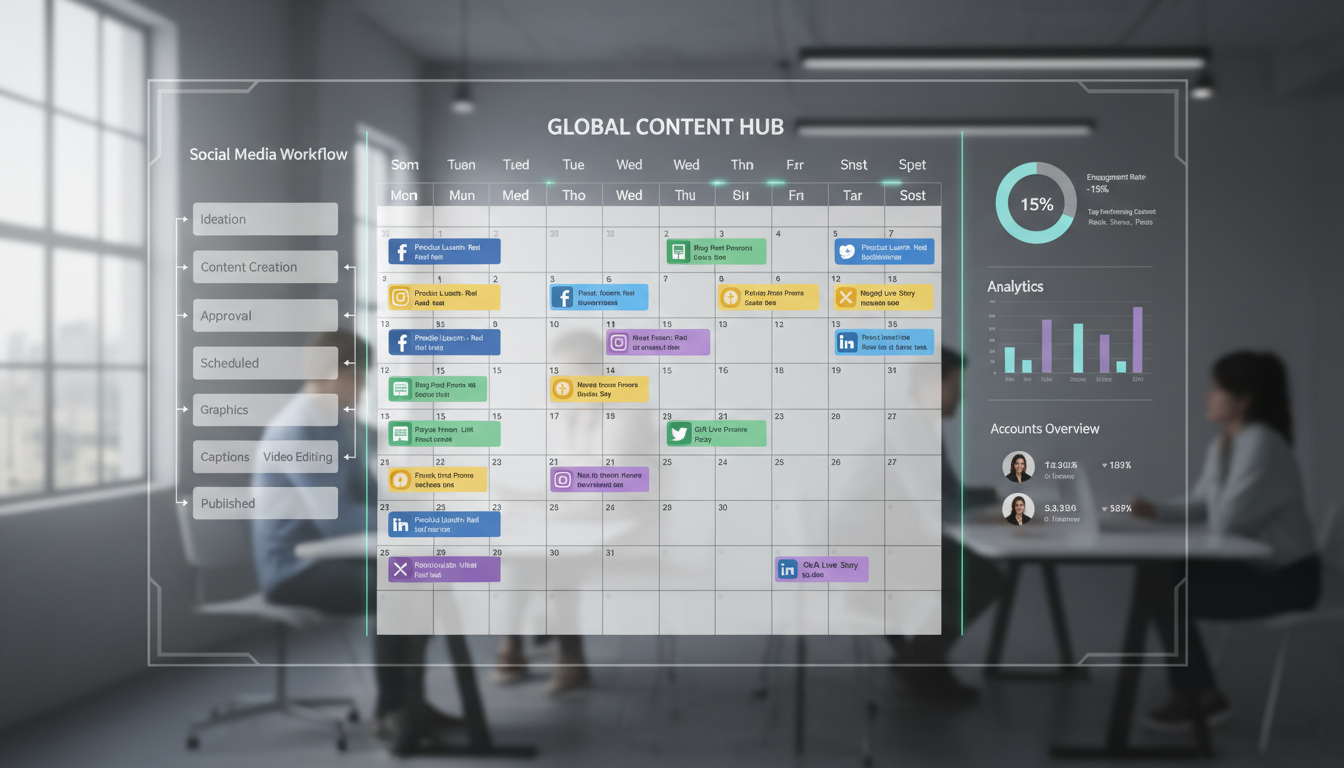 Content scheduling calendar and social media workflow