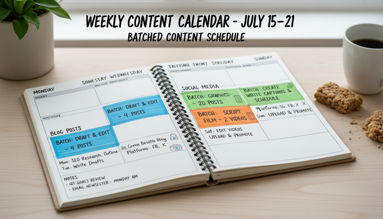 Wöchentlicher Content-Kalender mit geplantem Batch-Content-Plan