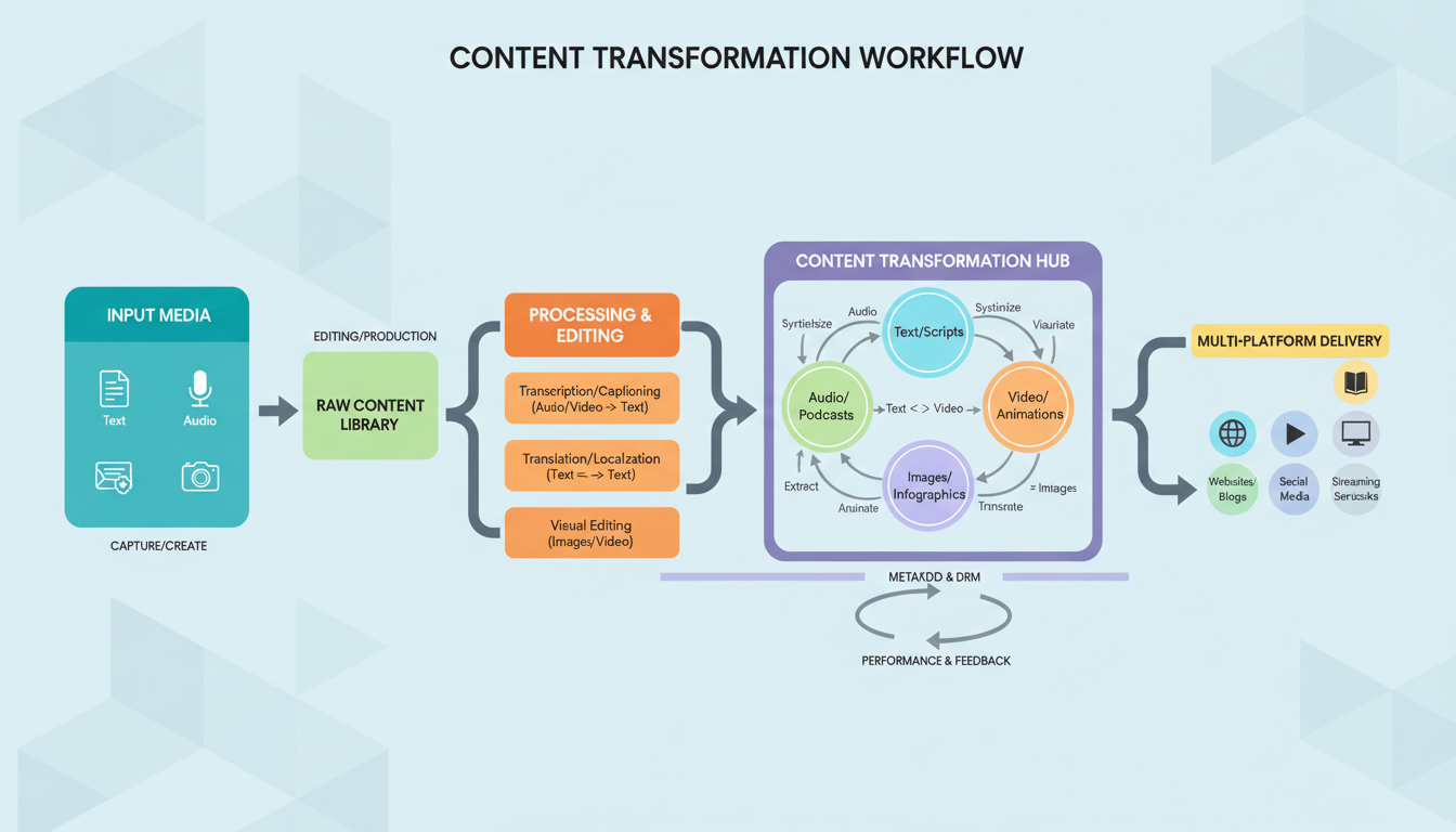 Content workflow diagram showing transformation between different media types
