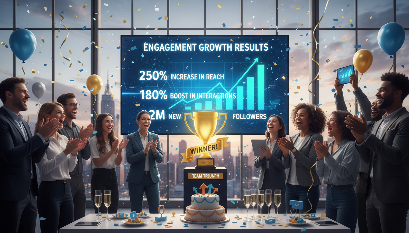 Winner announcement celebration with engagement results