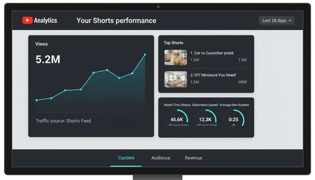 YouTube analytics dashboard showing Shorts performance metrics