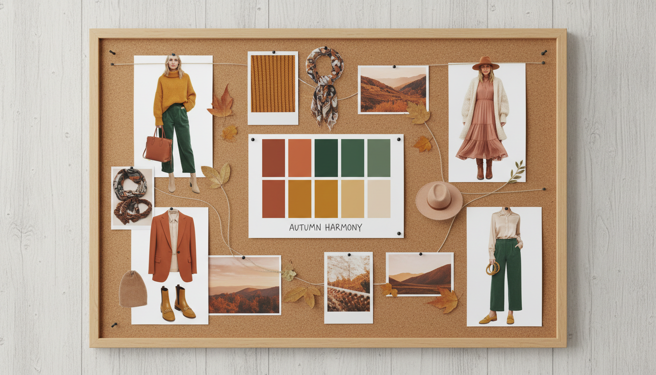 Fashion mood board with color palette and outfit combinations