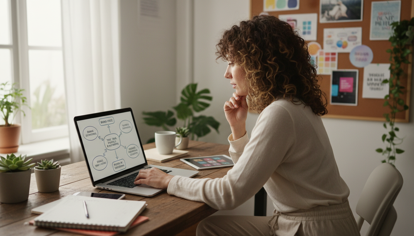 Content creator planning brand voice on laptop