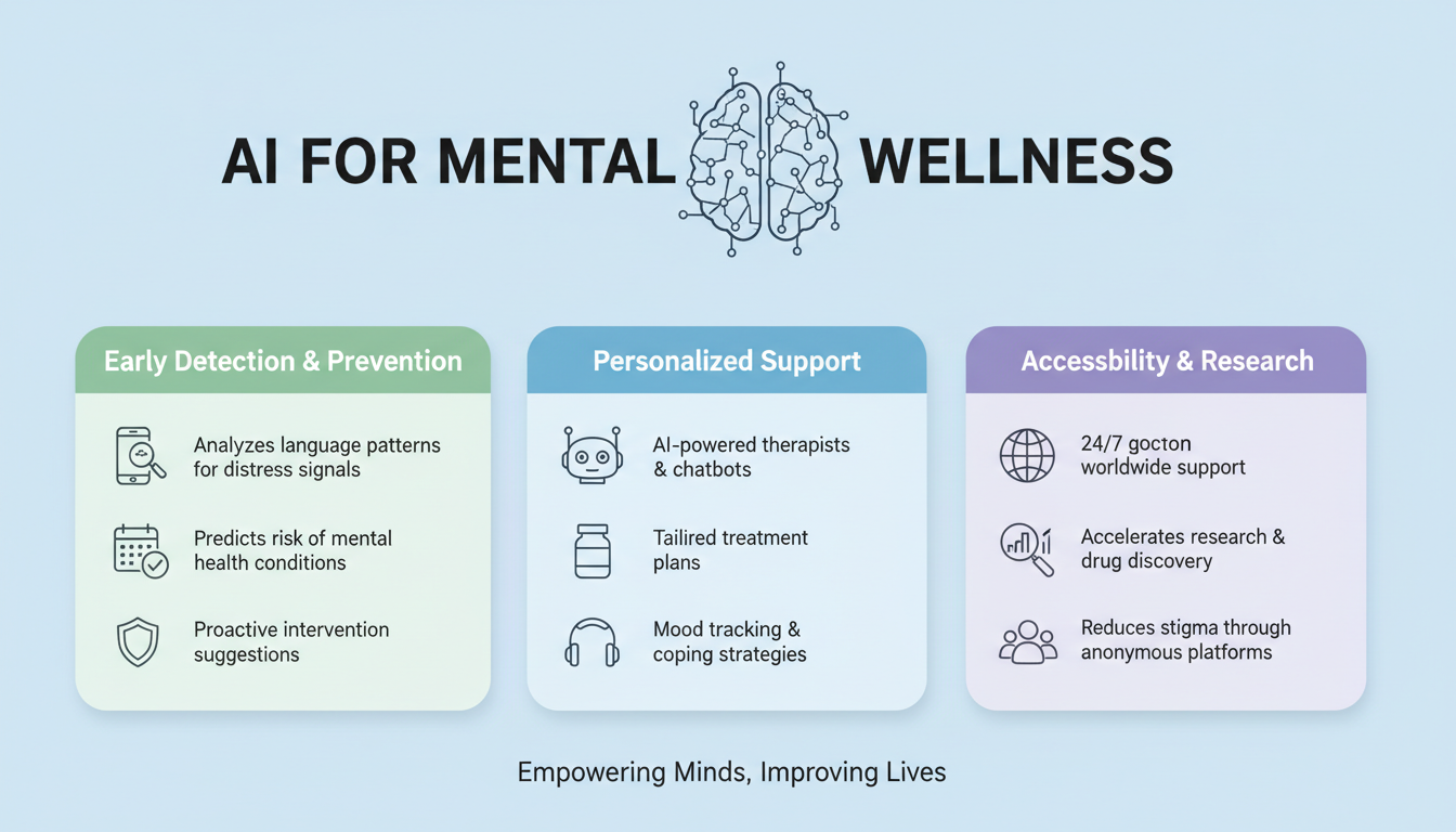 मानसिक कल्याण और AI प्रौद्योगिकी लाभ इनफोग्राफिक्स