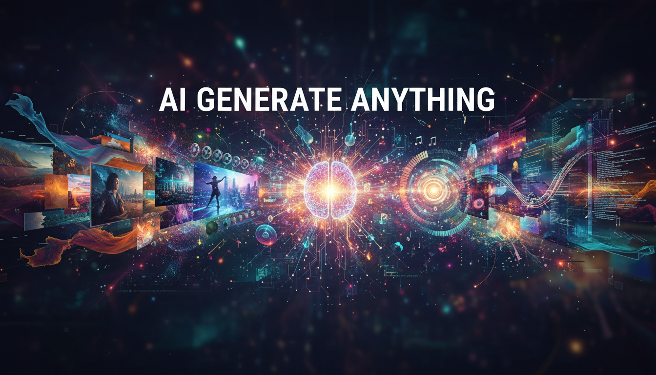 AI generating various types of content including images, videos, music, and text