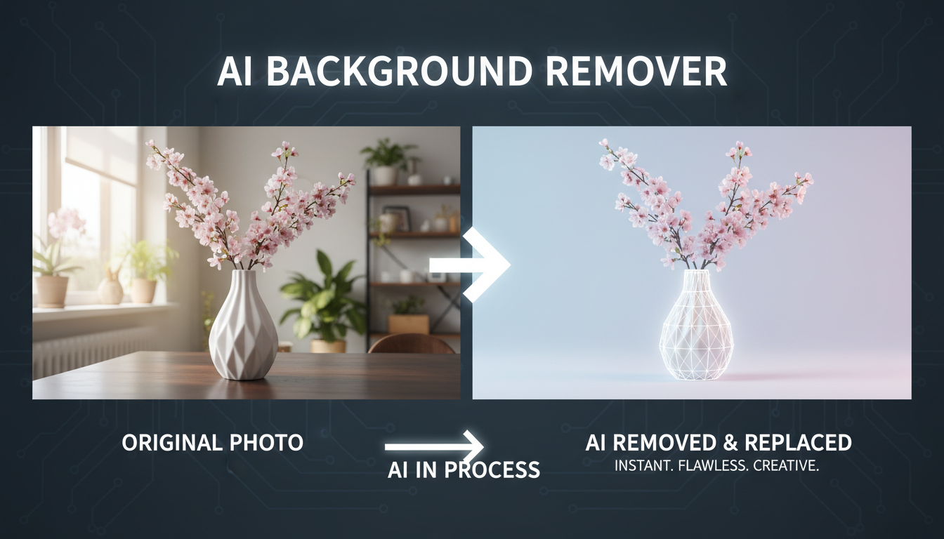 AI background remover transforming a product photo by removing and replacing the background automatically