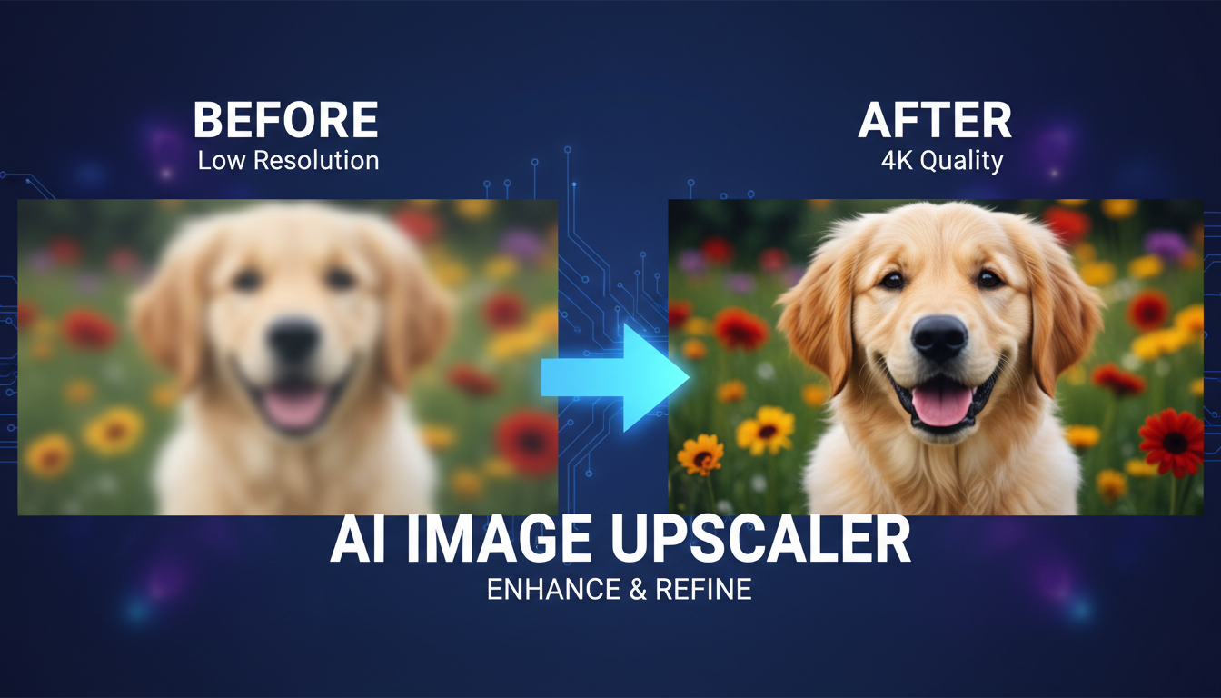 Before and after comparison showing an AI image upscaler enhancing a low resolution photo to crisp 4K quality