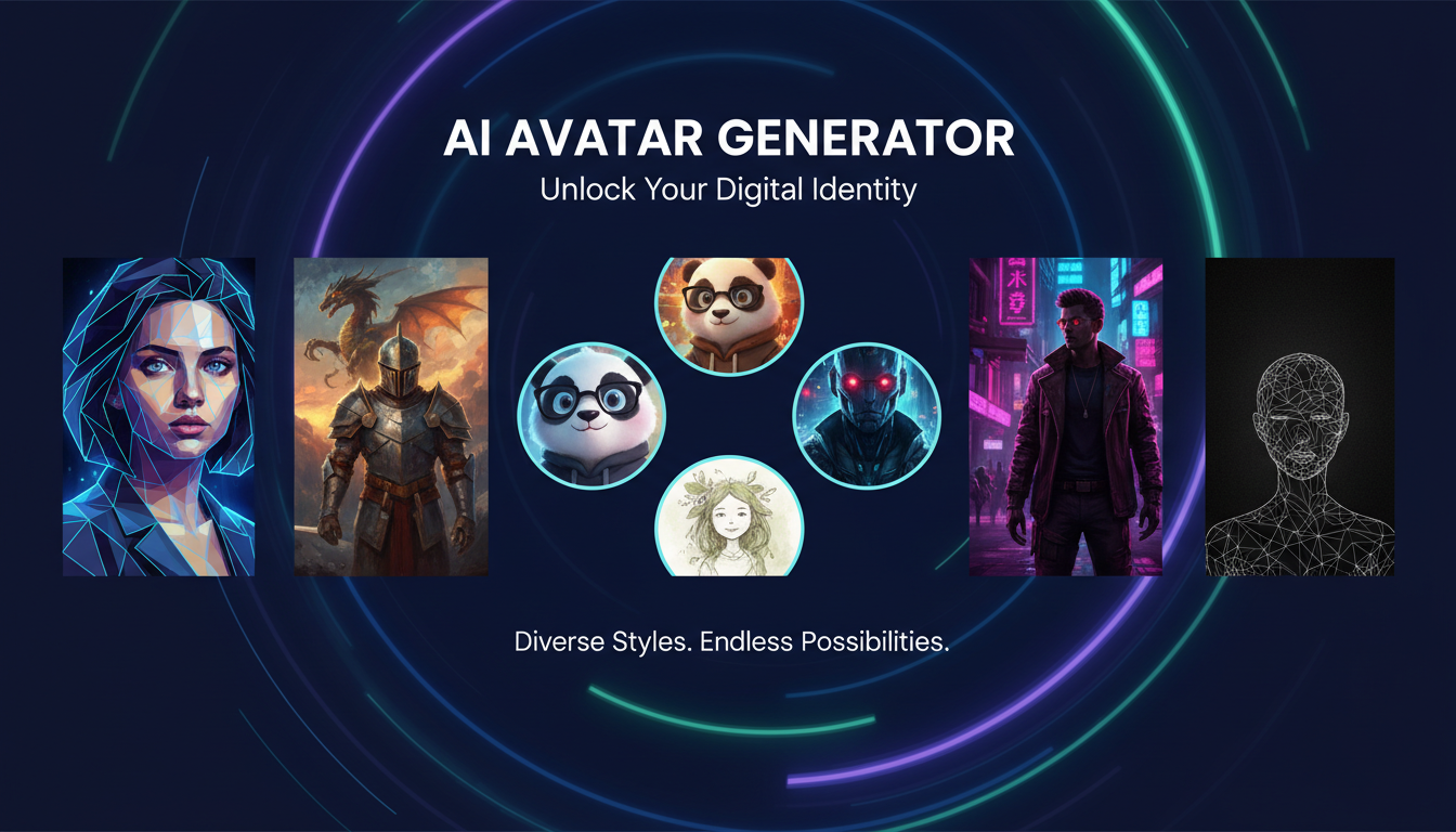 Diverse collection of AI-generated avatars showing profile pictures in cartoon, 3D, realistic, and artistic styles