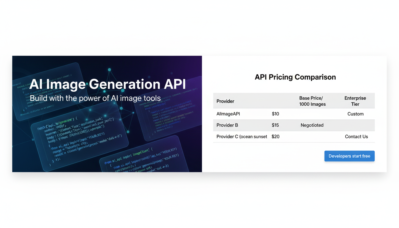 AI image generation API pricing comparison showing code snippets and developer tools for building with image APIs