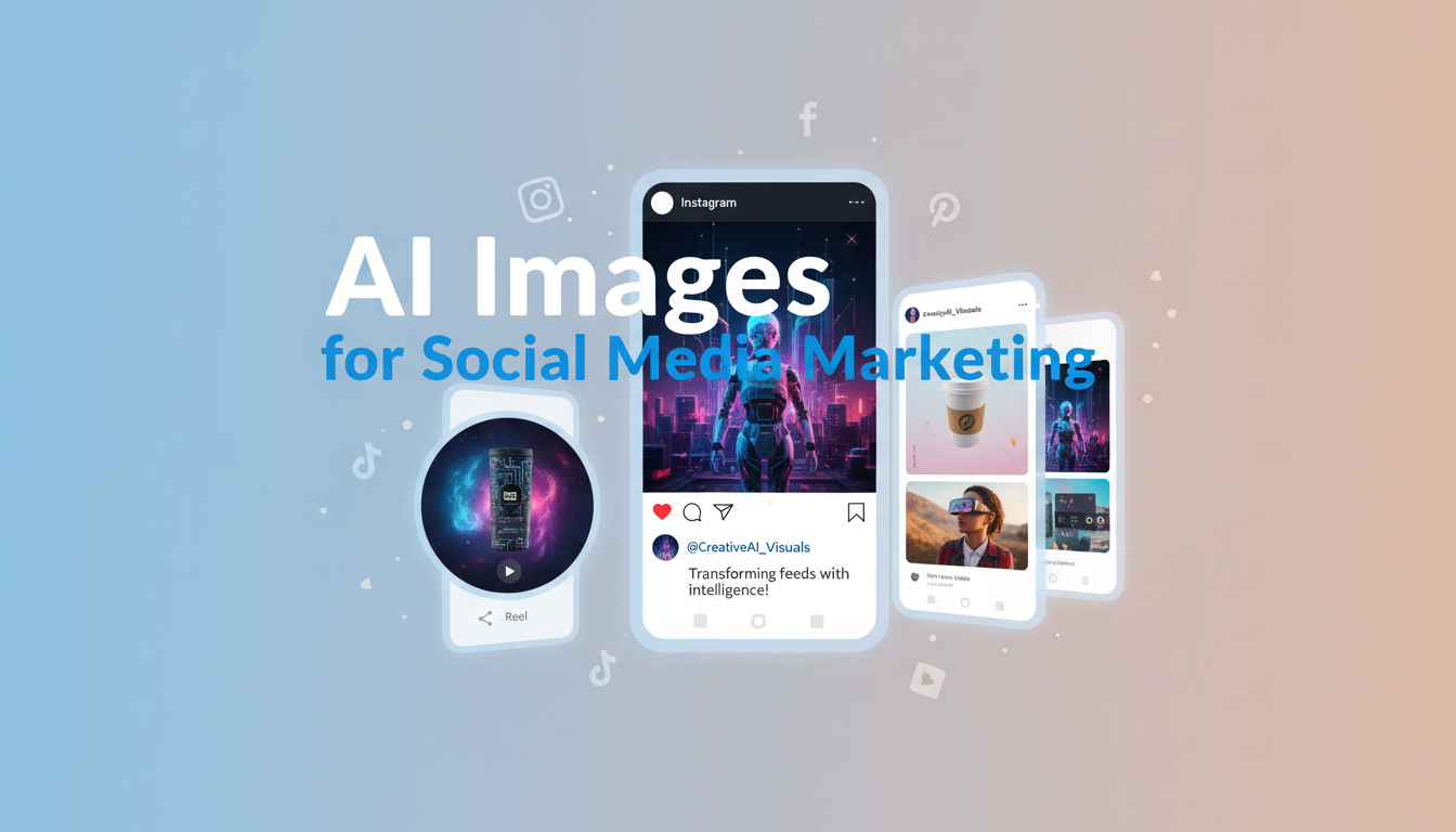 AI-generated social media marketing visuals including Instagram posts, Facebook ads, and branded content across multiple platforms