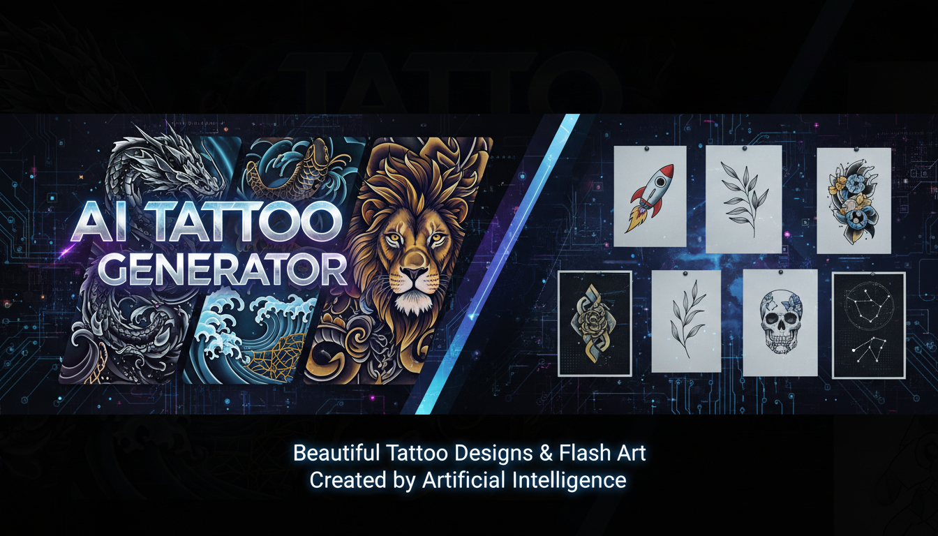 AI-generated tattoo designs in various styles including traditional, geometric, and minimalist
