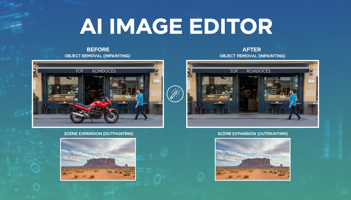AI image editor interface demonstrating object removal inpainting and outpainting capabilities with before and after comparison