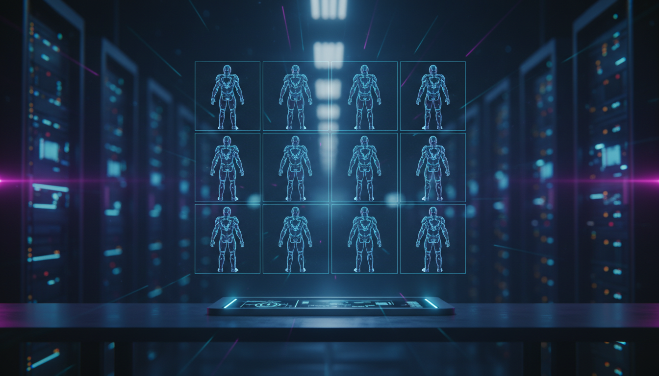 AI-generated character turnaround sheet showing front, side, and back views of a consistent character