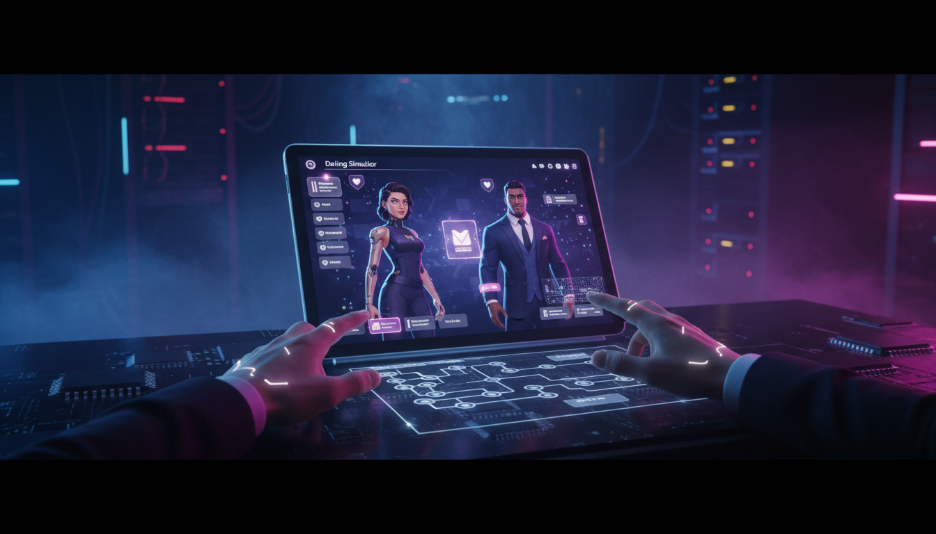 AI-powered dating simulator visual novel creation guide showing character art and dialogue system