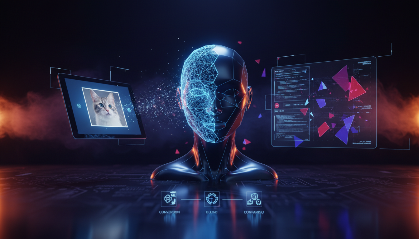 AI-powered photo to 3D model conversion showing a photograph transforming into a detailed 3D mesh