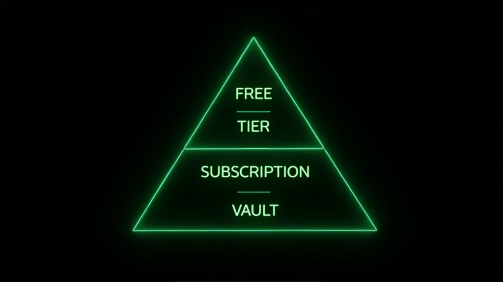 Content hierarchy showing free, subscription, and premium vault tiers