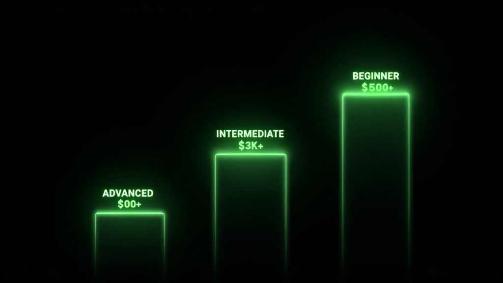 Earnings by level: beginner $500, intermediate $3K, advanced $10K+