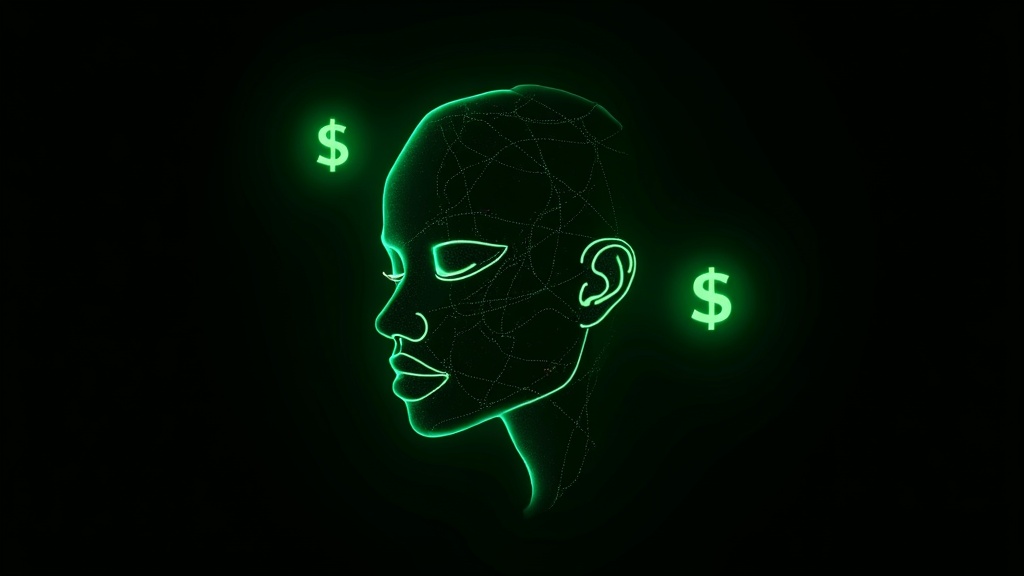 AI influencer wireframe avatar with neon green dollar signs on black background