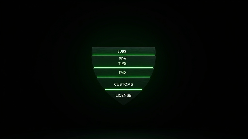Layered revenue stack showing subscriptions, PPV, tips, customs, and licensing