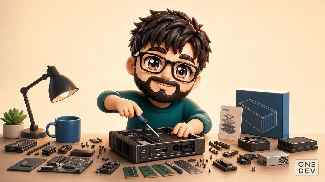 A single developer at a desk building a complete product end to end.