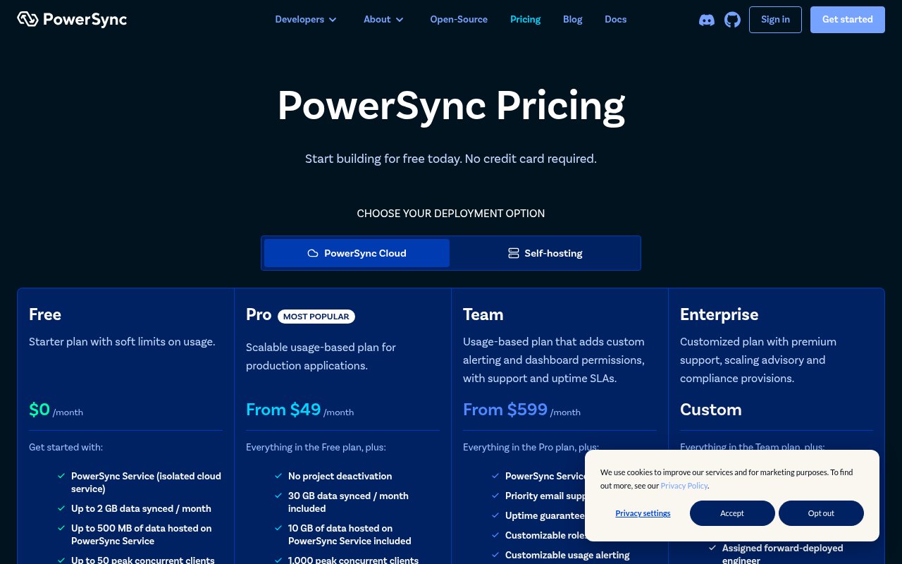 PowerSync: Cloud pricing starts free, then meters several resources