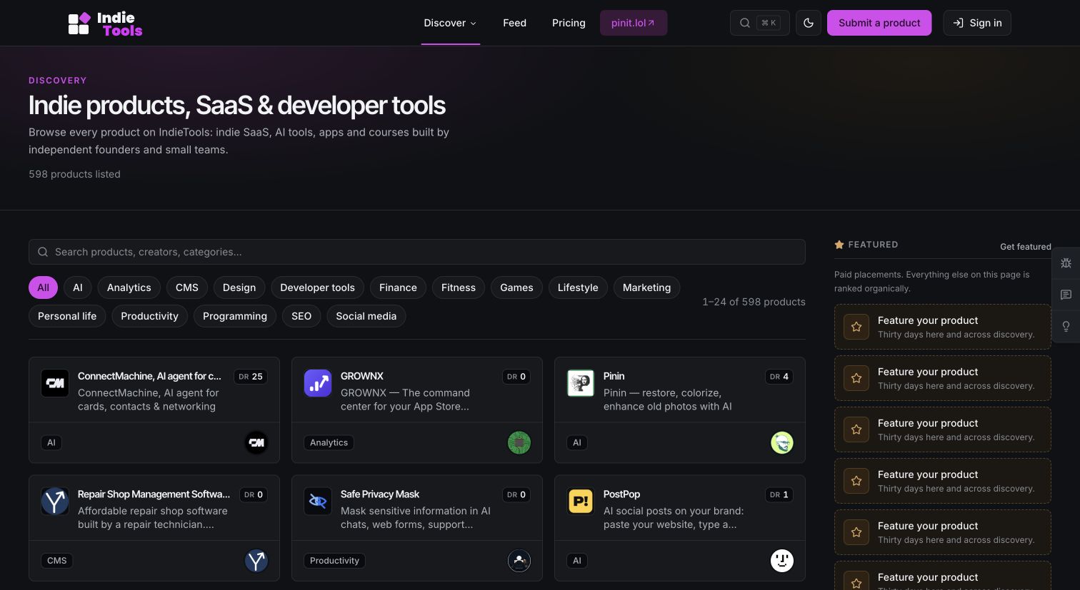 IndieTools product catalogue with a search box, category filters, result count, and product cards