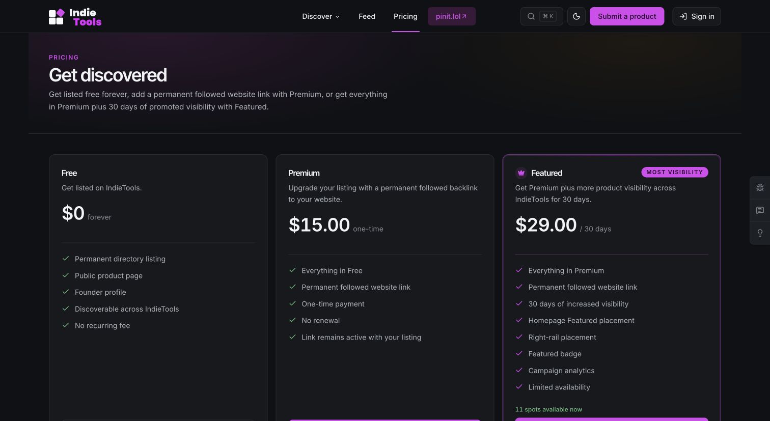 IndieTools pricing page showing Free, Premium at 15 dollars one time, and Featured at 29 dollars for 30 days