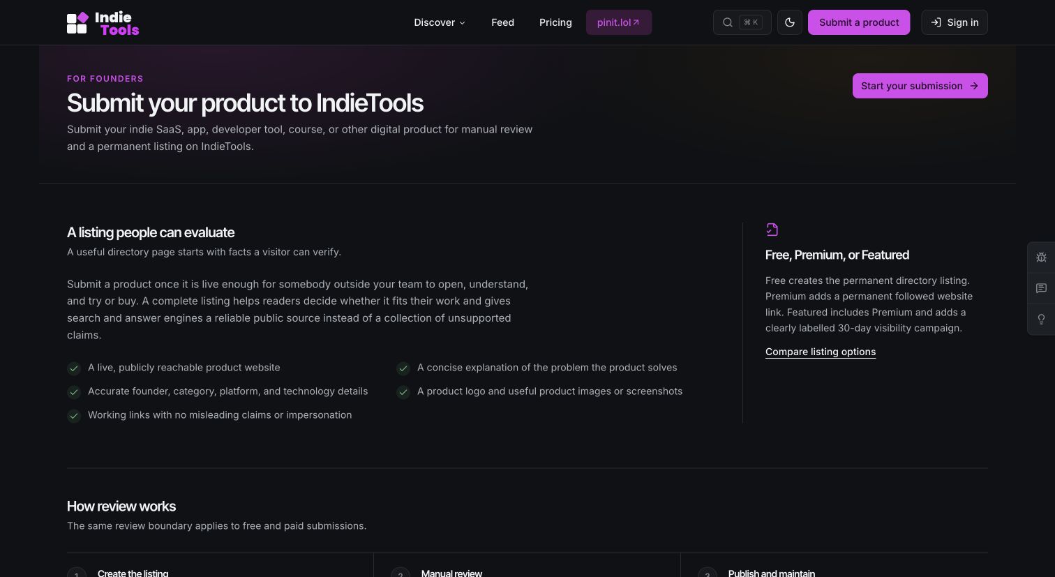 IndieTools public submission guidance describing the required product information and review process