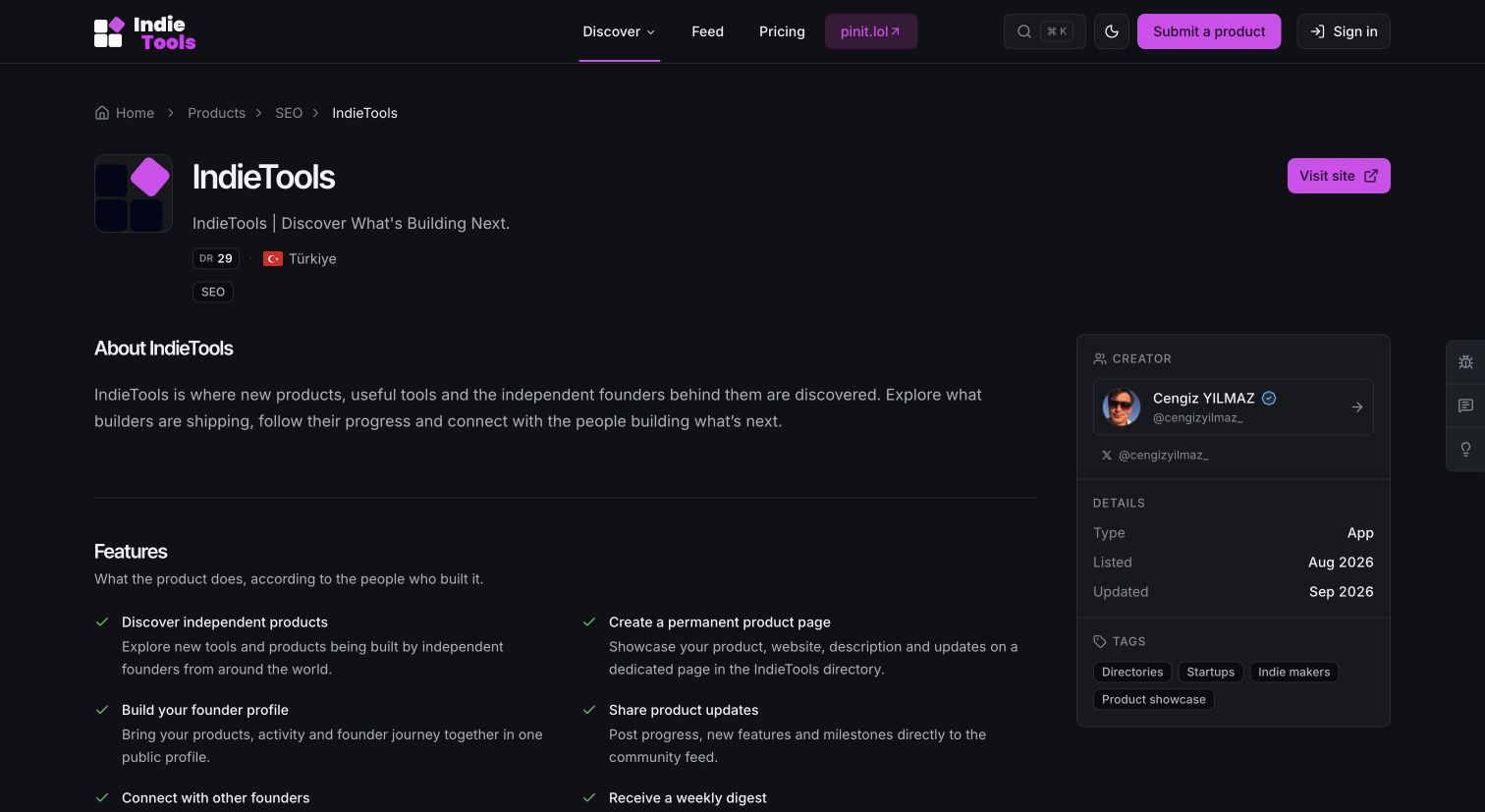 IndieTools' own product profile with an explanation, feature list, creator card, and public product metadata