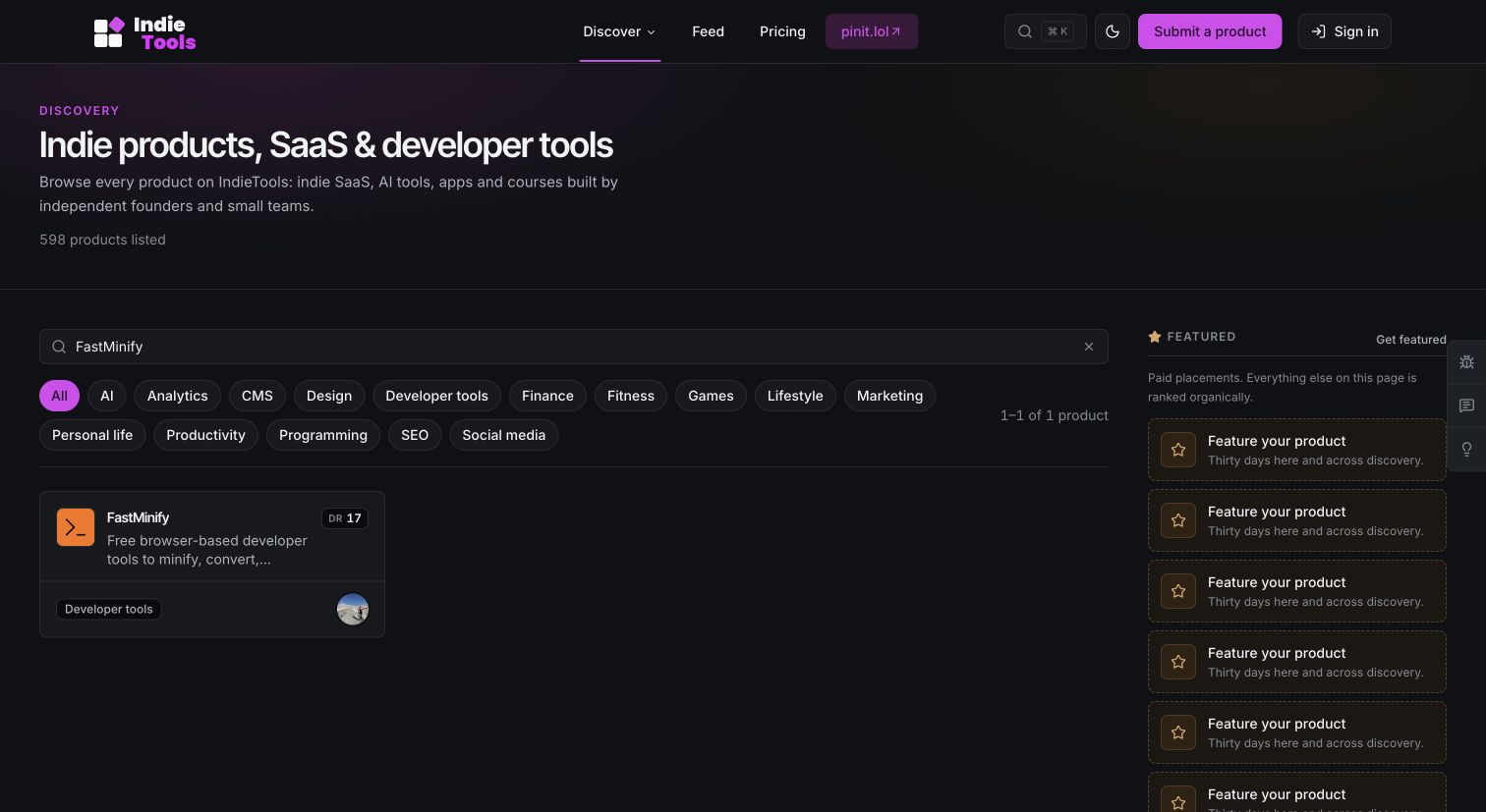 IndieTools search results for FastMinify showing one matching product