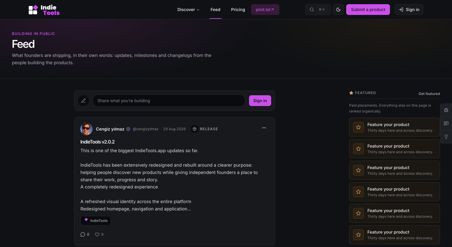 IndieTools public feed showing dated product release and update posts